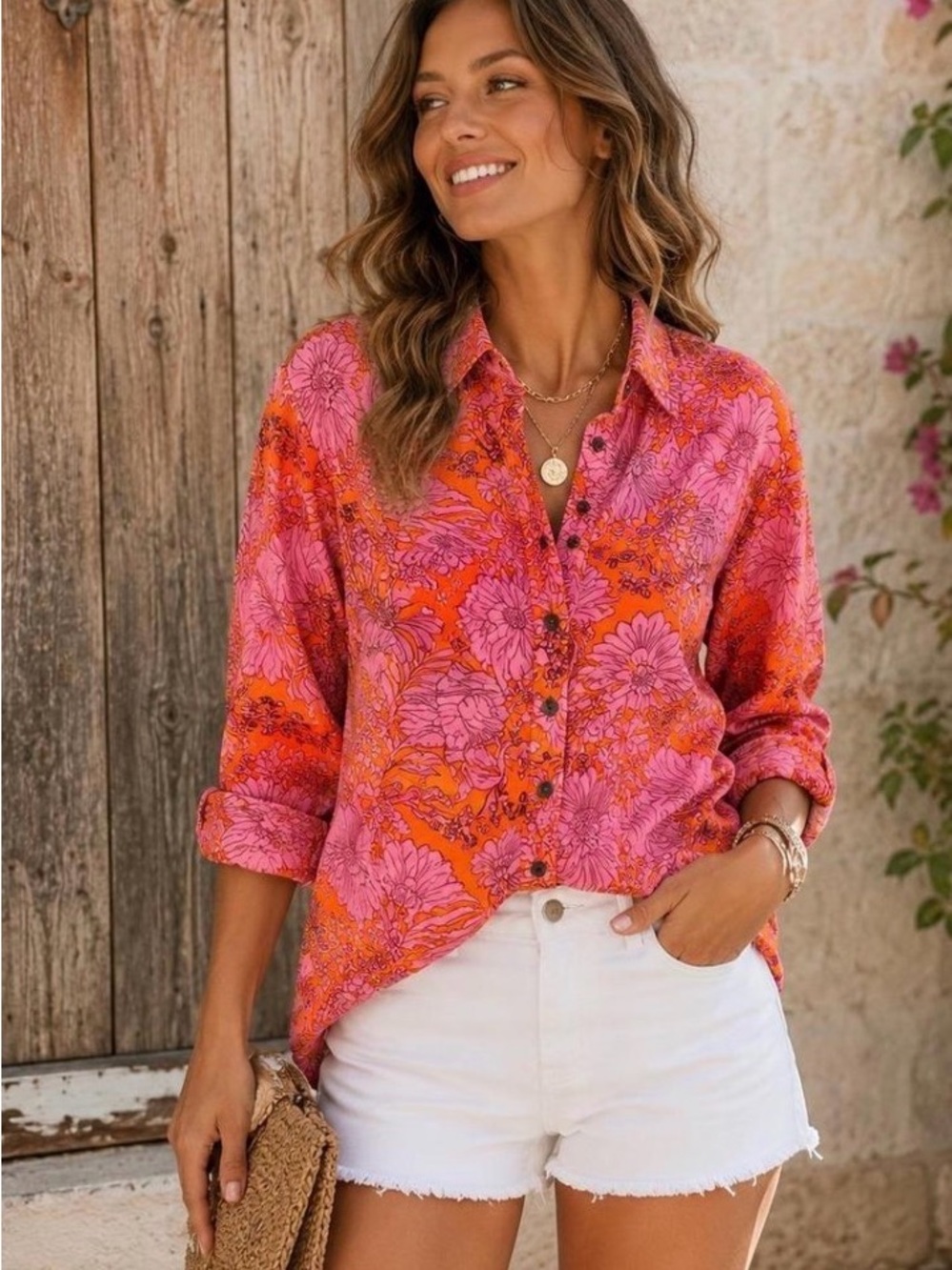 Universal Thread Pink & Orange Floral Button-Down Shirt